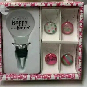 Wine Bottle Stopper and Wine Glass Charm Gift Set